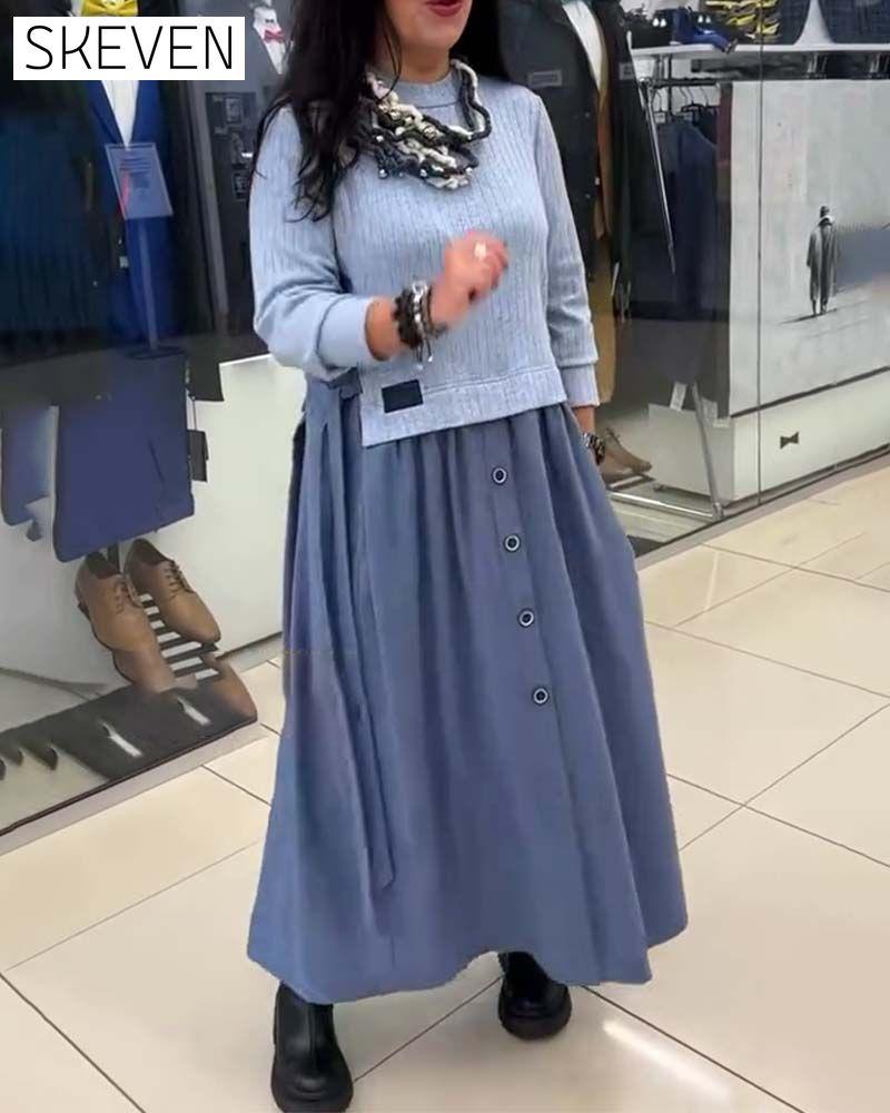 Casual Color-Blocked Round Neck Dress