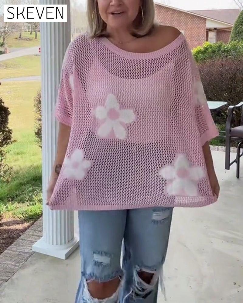 Round Neck Large Flower Hollow Sweater