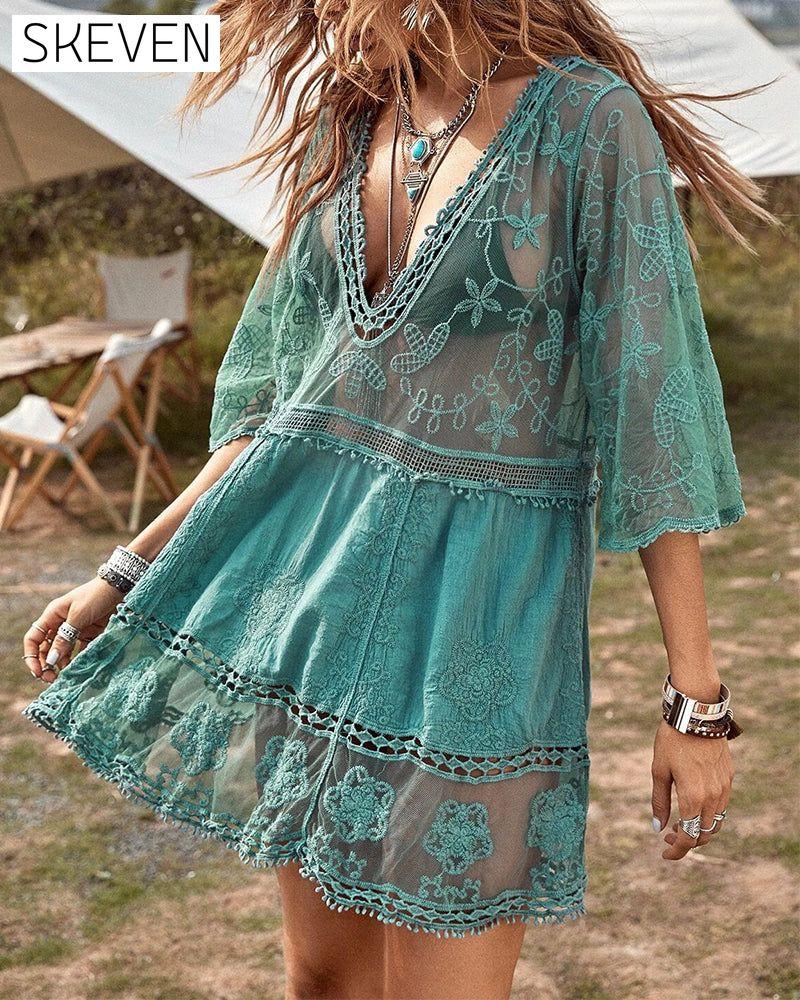 blouse brodée de dentelle à col en V