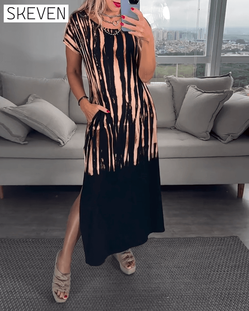 Casual Short-Sleeved Slit Round Neck Printed Dress