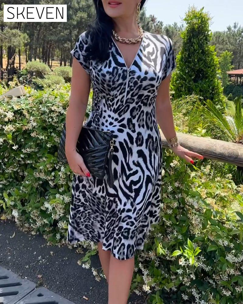 V-Neck Zip-Up Leopard Print Dress