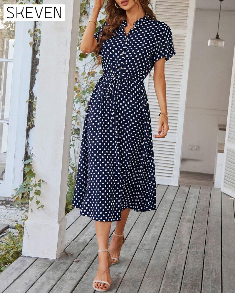 Polka Dot Drawstring Button Dress