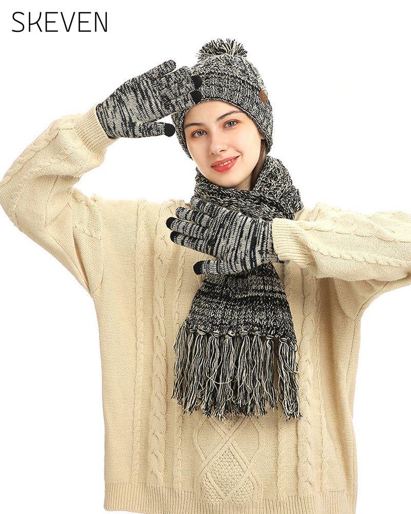 Hat Knitted Wool Three-Piece Set