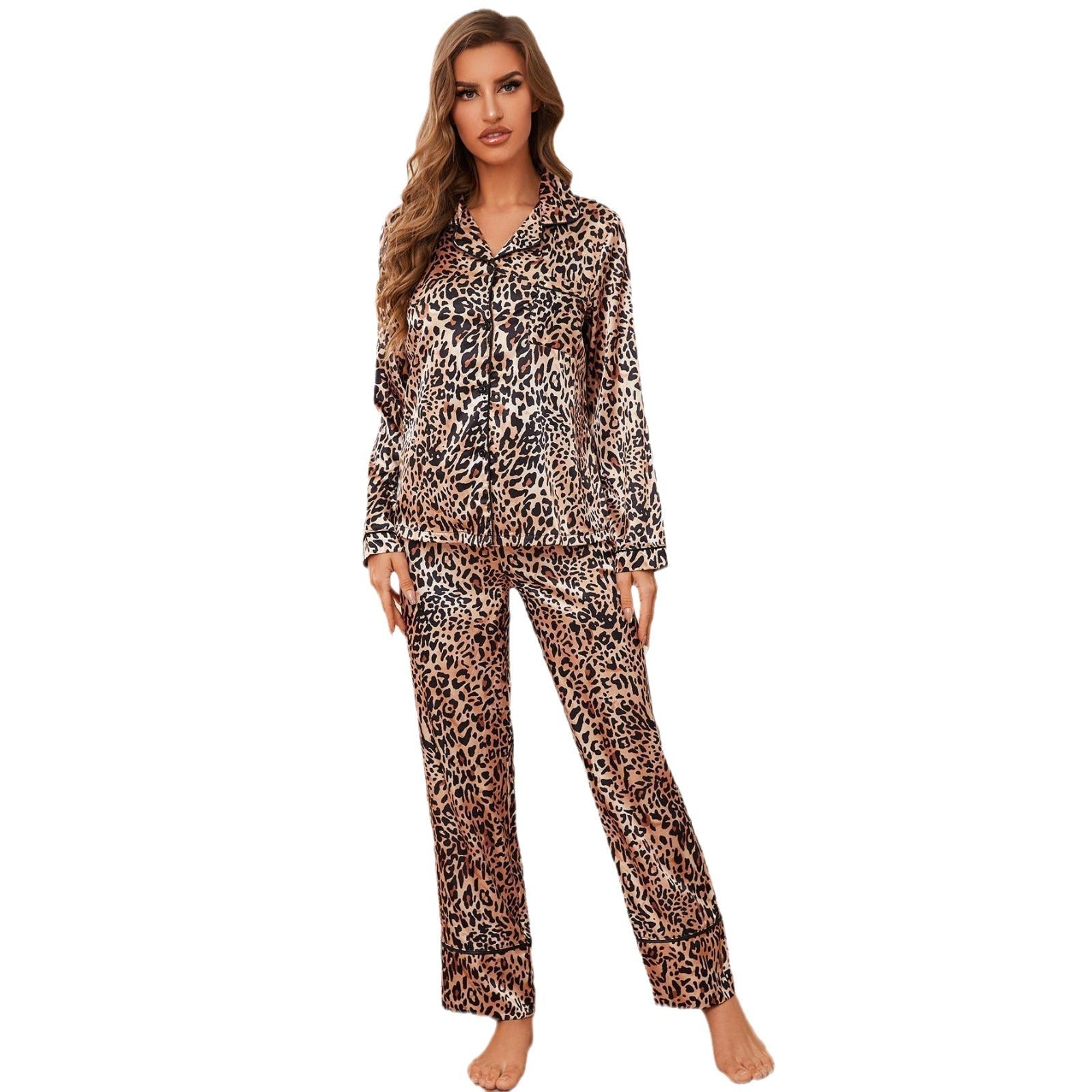 Leopard-print Lapel Viscose Long-sleeve Top And Pants Two-piece Loungewear Set