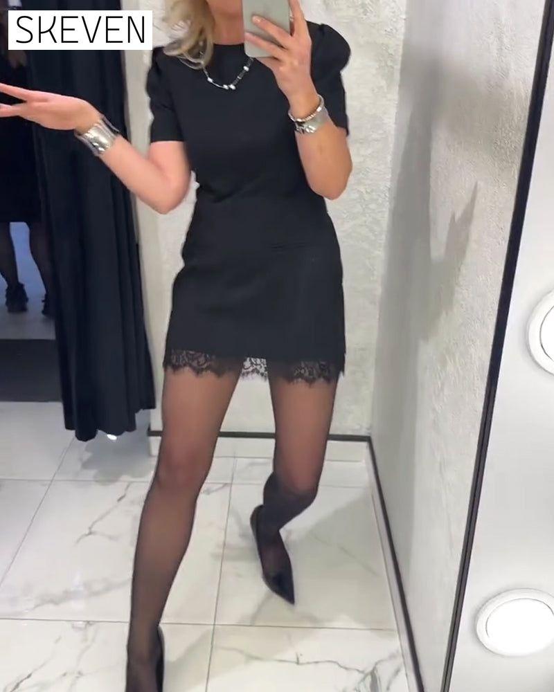 Puff Sleeve Lace Patchwork Dress