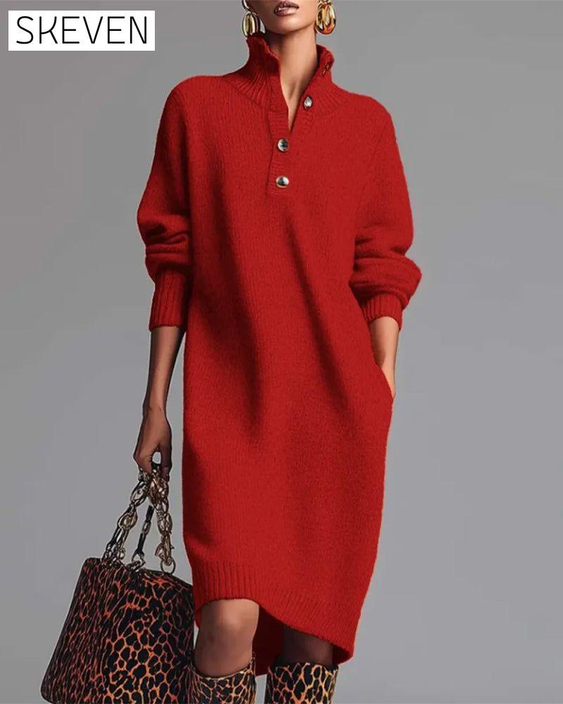 Solid Color Button High Neck Dress