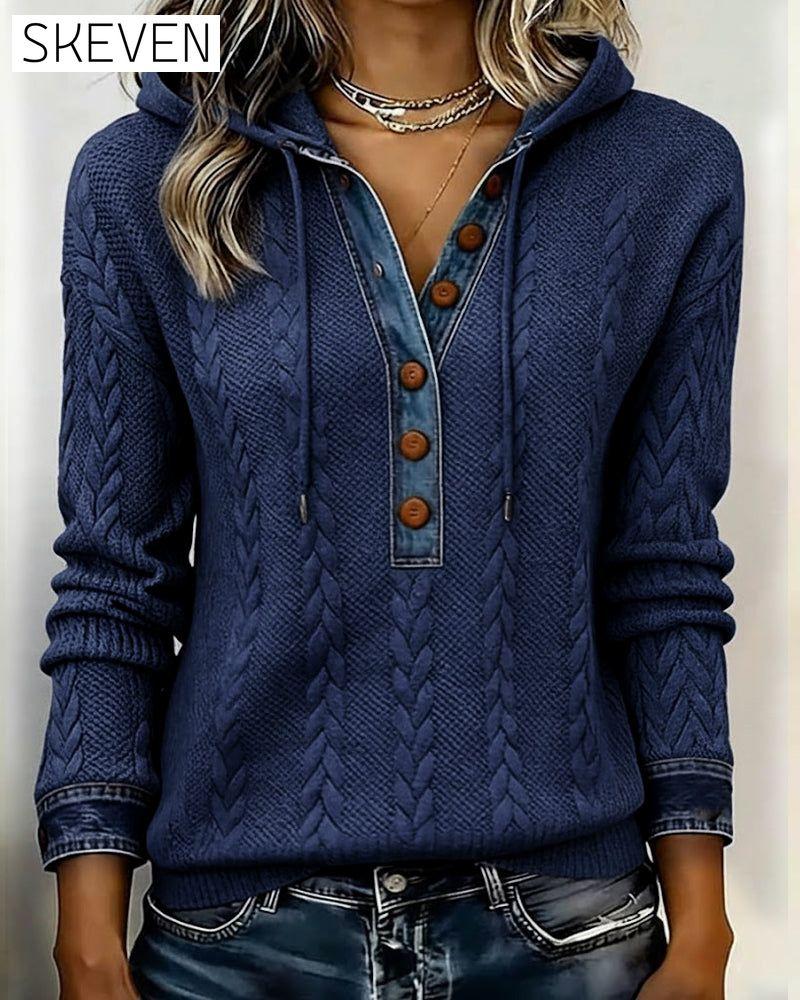 Color-Blocked Button Long-Sleeved Hooded