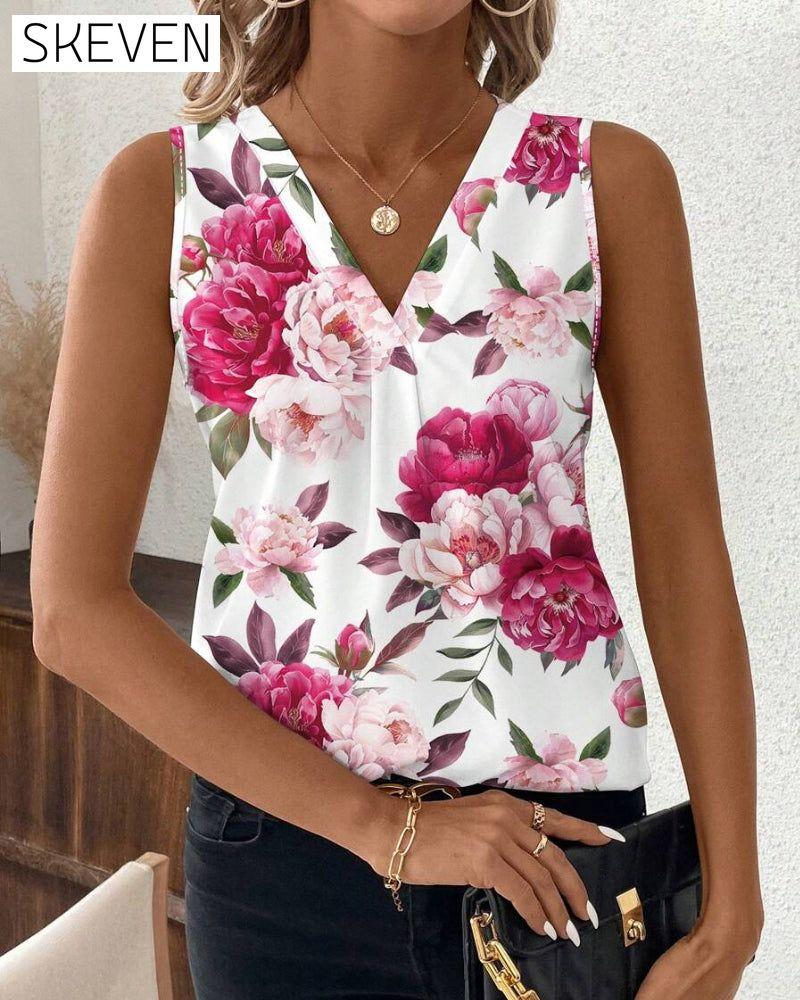 Ärmellose Bluse mit Rosenmuster und V-Ausschnitt