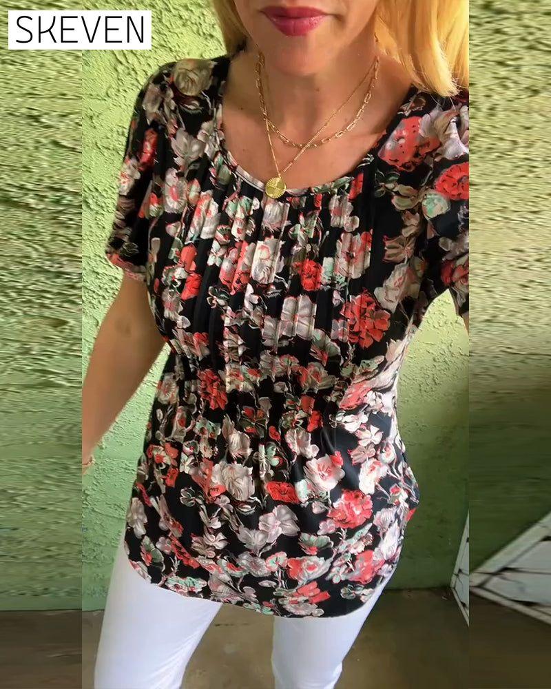 Round Neck Puff Sleeve Pleated Floral Blouse