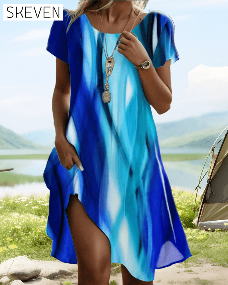 Puffärmel-Kleid mit Batikmuster und Rundhalsausschnitt