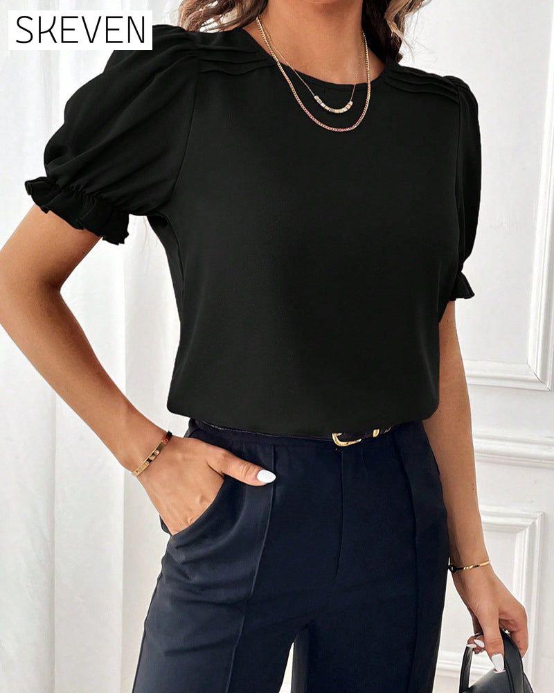 Solid Color Crew Neck Blouse