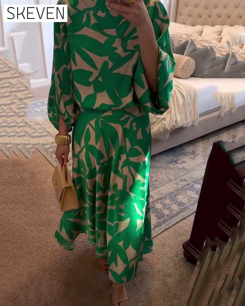 Temperament Printed Lantern Sleeves Casual Dress Set