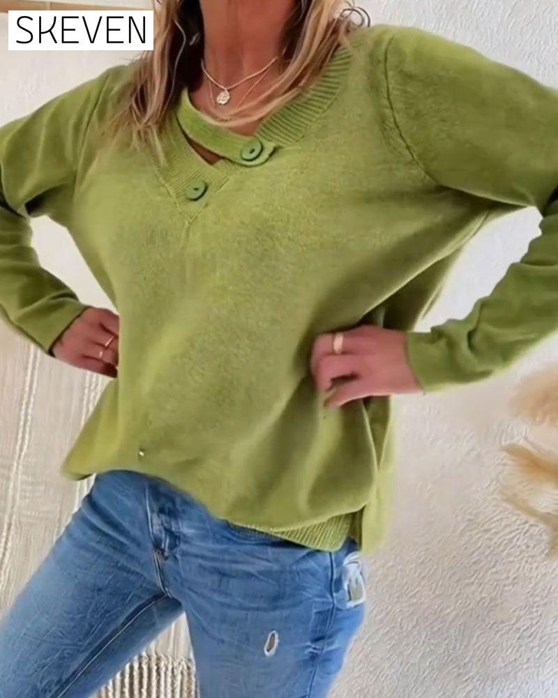 Pull à col V boutonné couleur unie