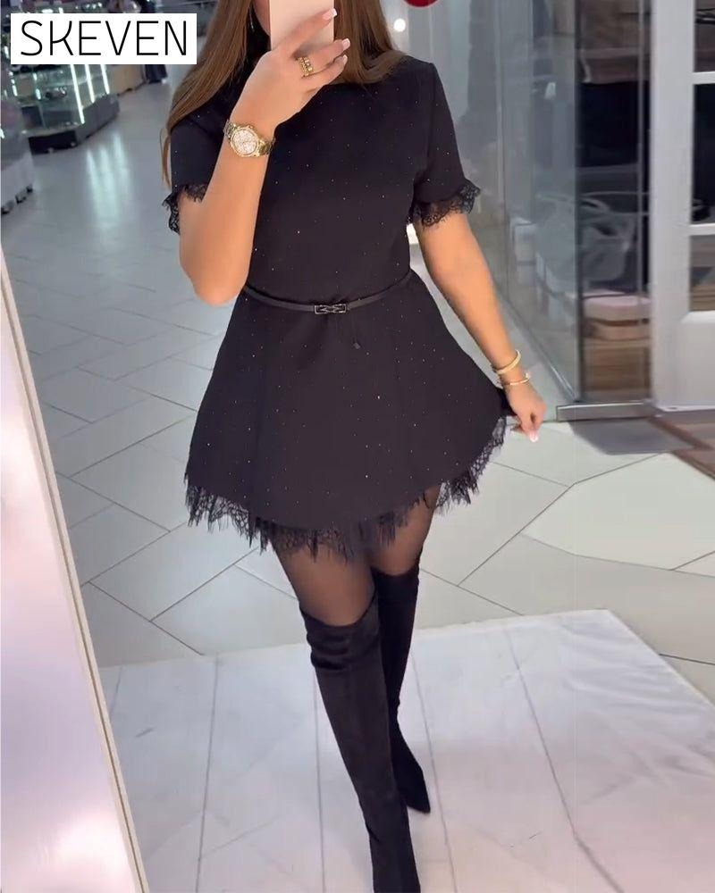 Sparkling Lace Short-Sleeve A-Line Dress