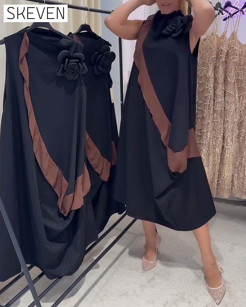 Ärmelloses Kleid mit 3D-Blütenblatt-Rüschen und Farbblock-Design