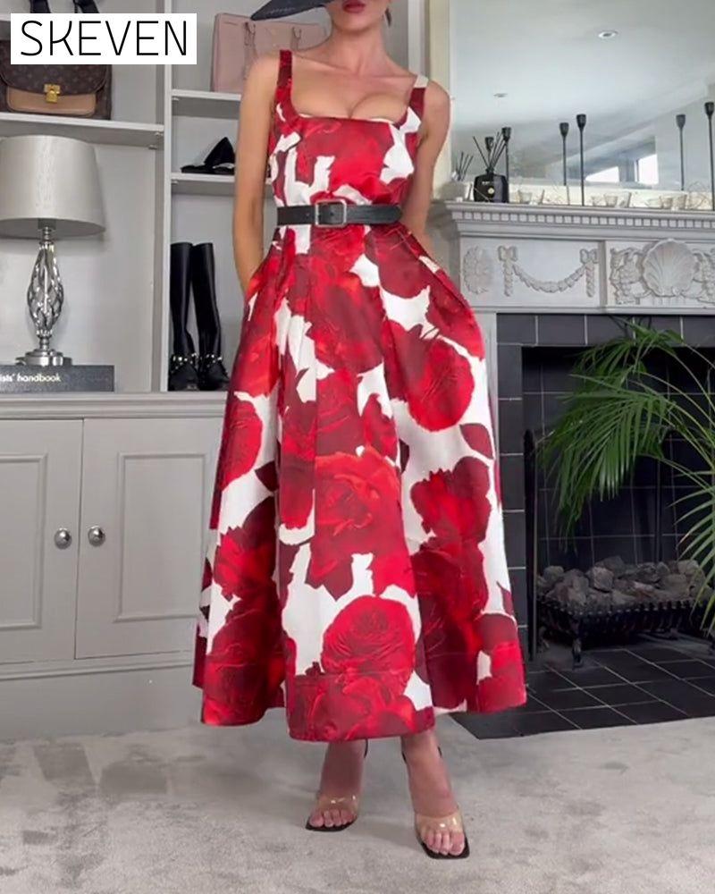 Elegant rose print pleated cami dress 202466 casual dresses summer