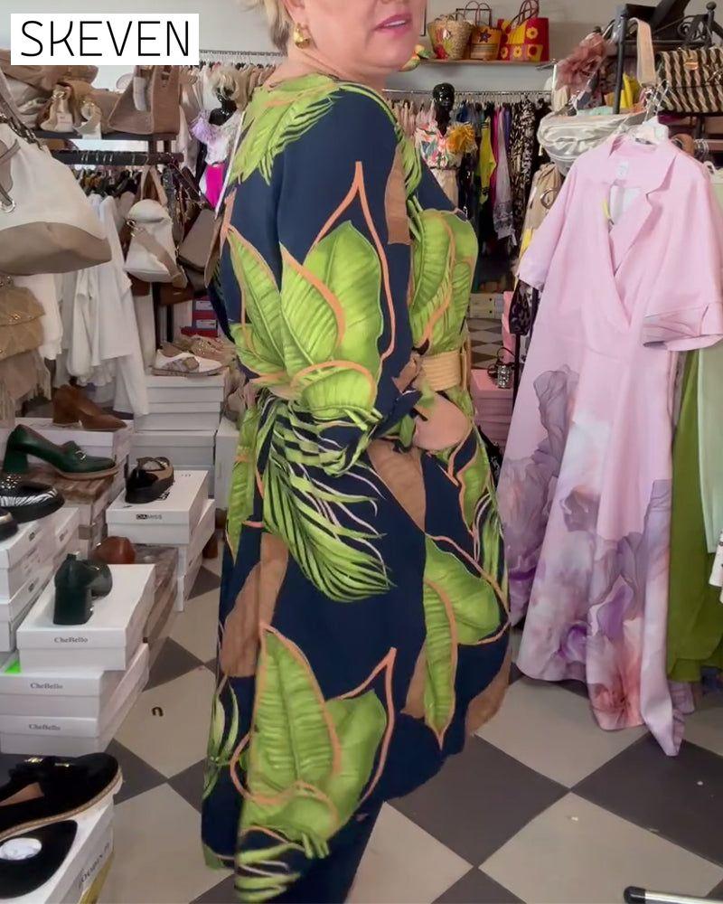Robe ample à col en V et imprimé feuilles