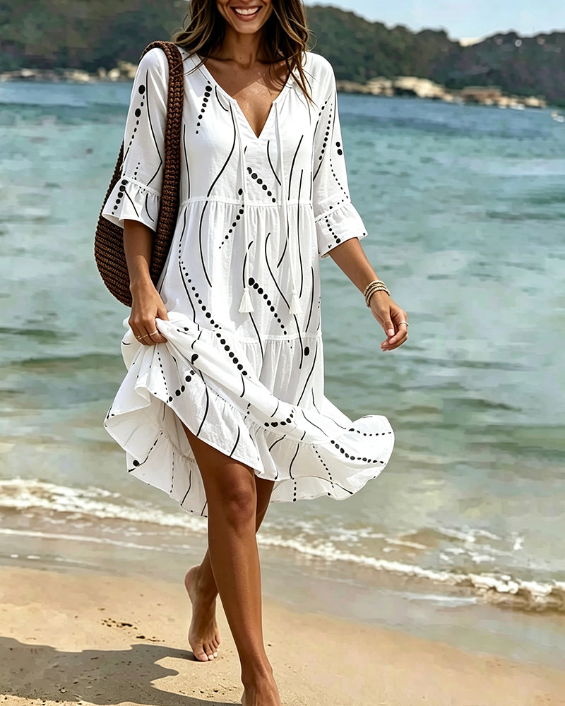 Flutter Sleeve Tie-Waist Polka Dot A-Line Dress