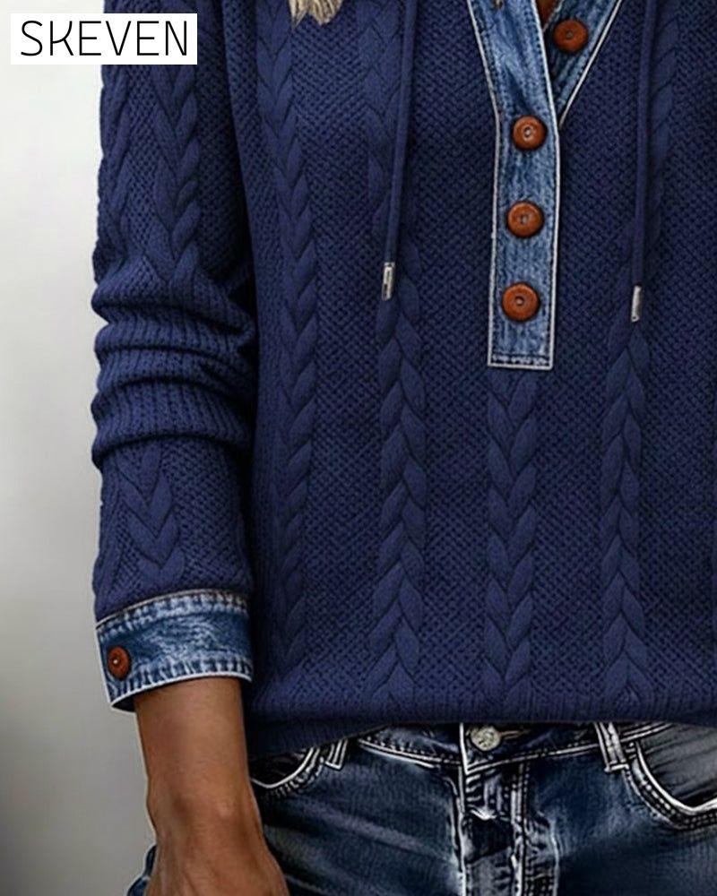 Color-Blocked Button Long-Sleeved Hooded
