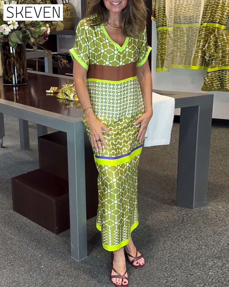 Short-sleeve V-neck contrast printed long dress casual dresses spring summer
