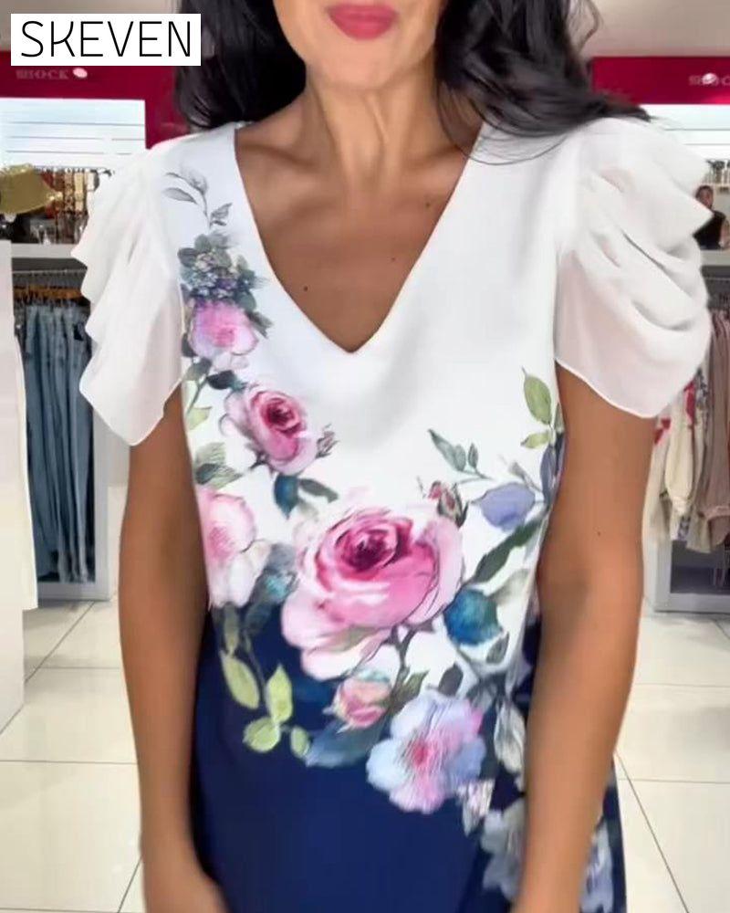 Kleid mit Puffärmeln, V-Ausschnitt und Rosenmuster