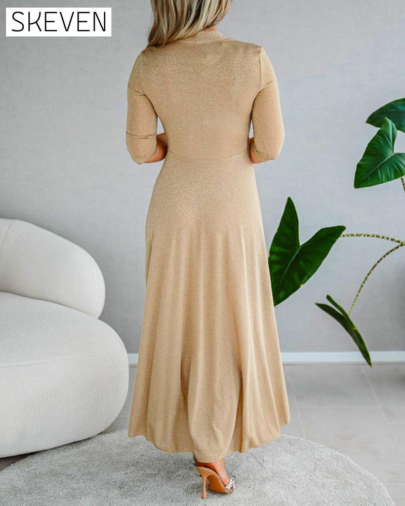Elegant solid color V-neck three-quarter sleeve dress 2023 f/w casual dresses spring
