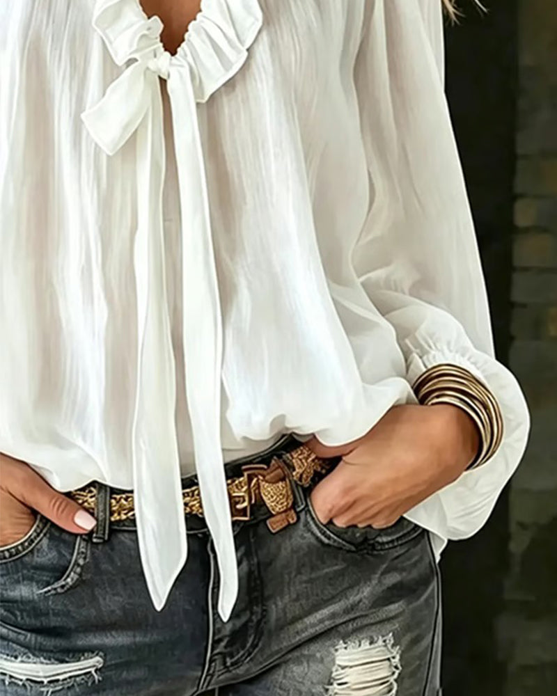 Ruffle Collar Tie Long Sleeve Blouse