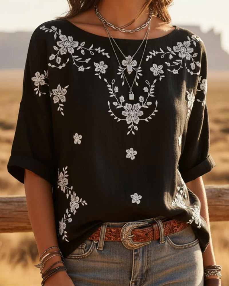 Crew Neck Drop Shoulder Loose Floral Blouse