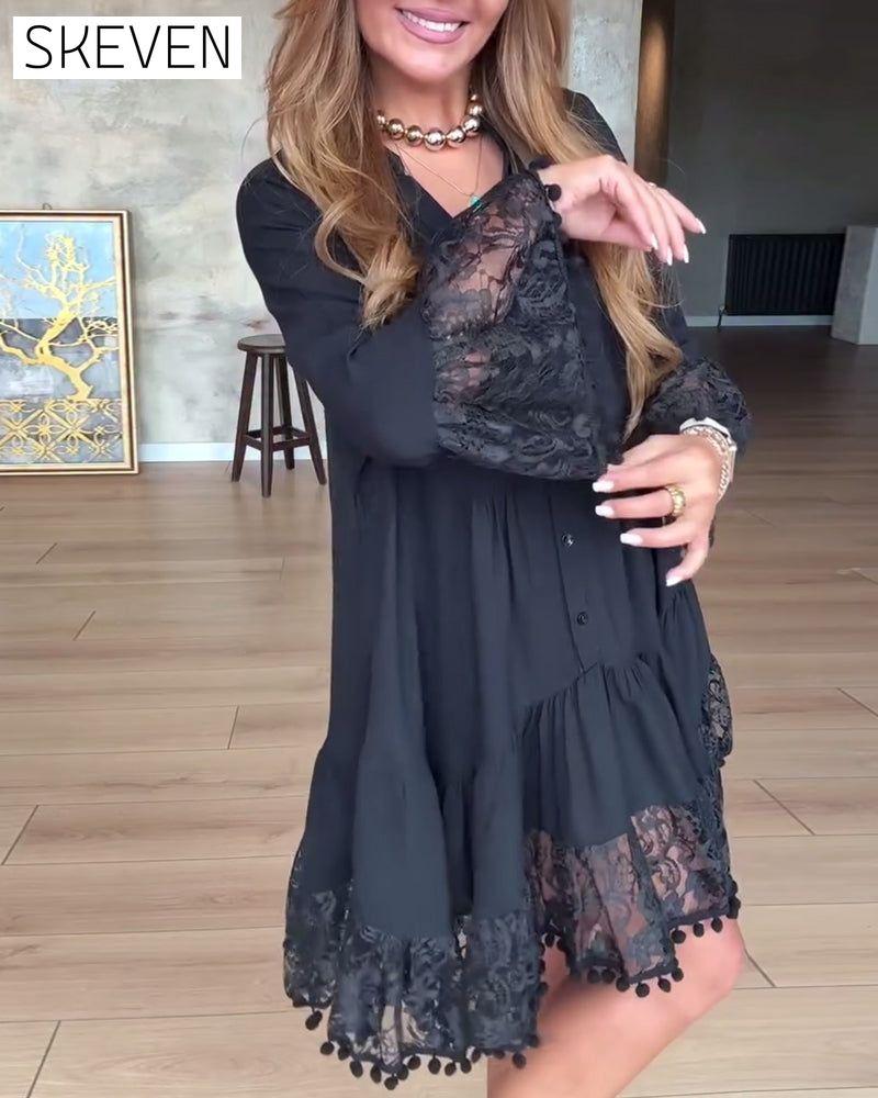 Casual Lace Solid Color V-Neck Dress