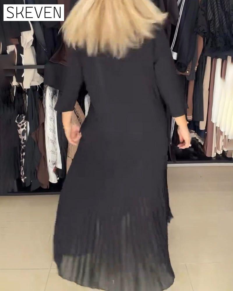 Elegantes langes Kleid mit Dreiviertelärmeln und V-Ausschnitt