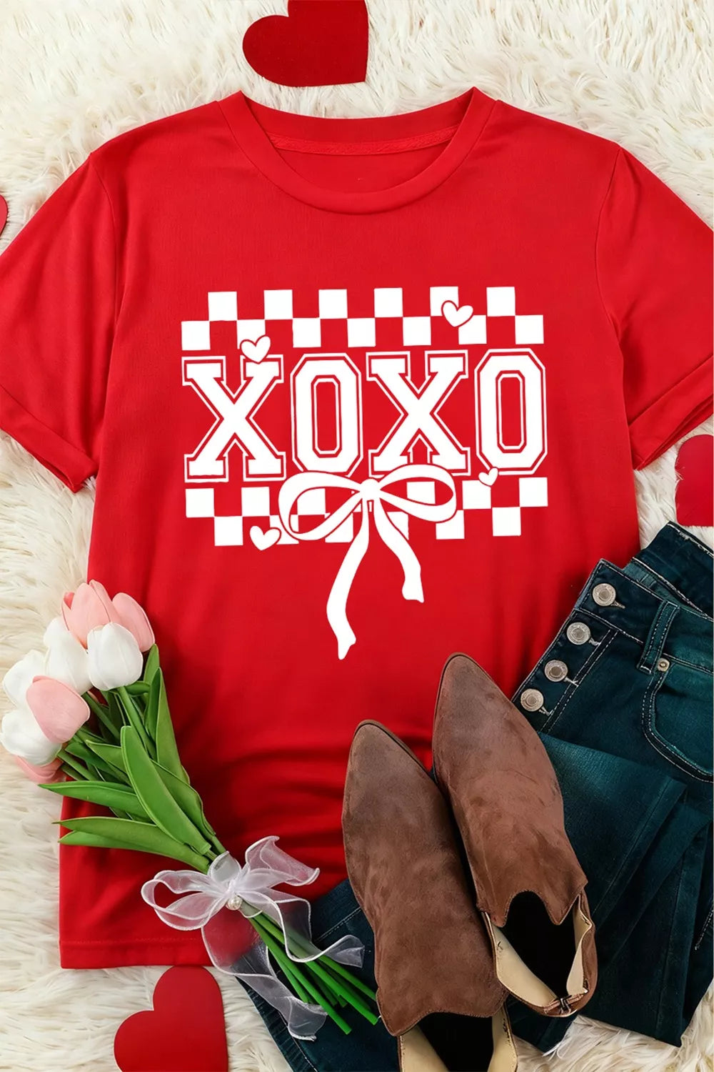 XOXO T-Shirt mit kariertem Schleifenmuster zum Valentinstag