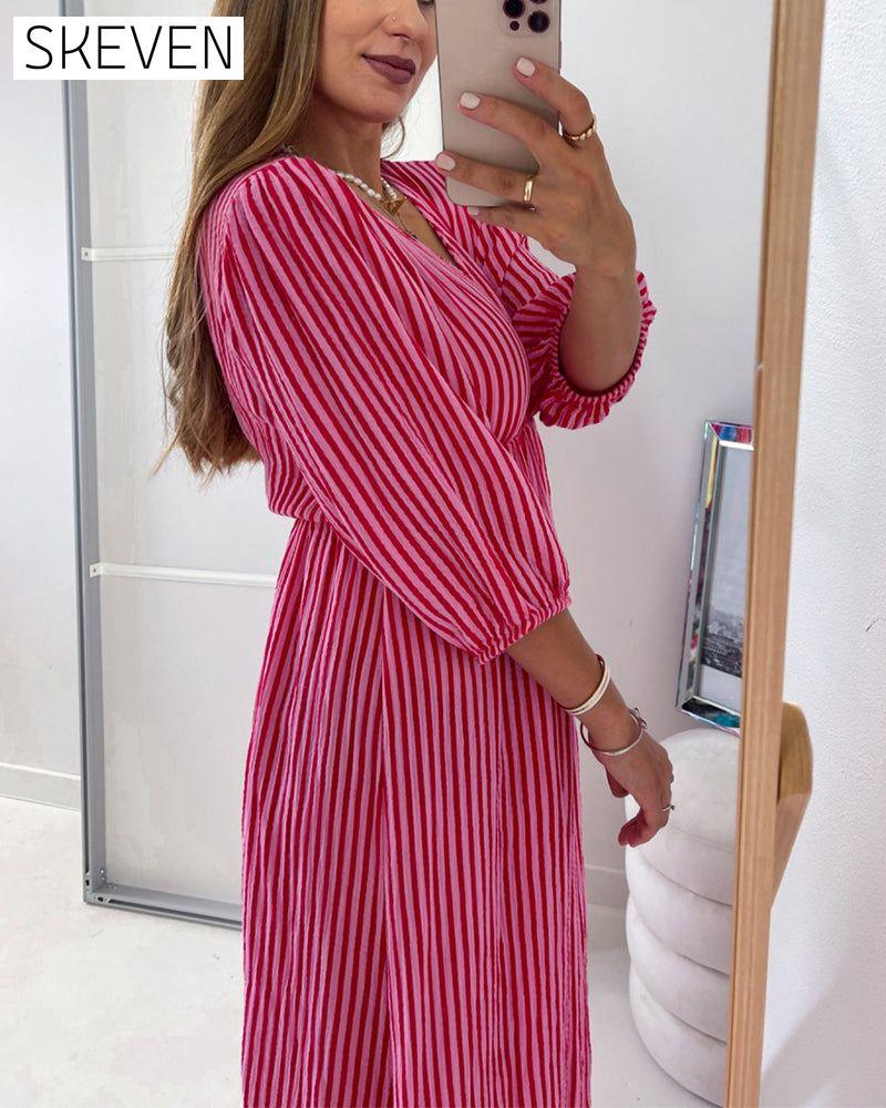 V-neck Lantern Sleeve Striped Dress