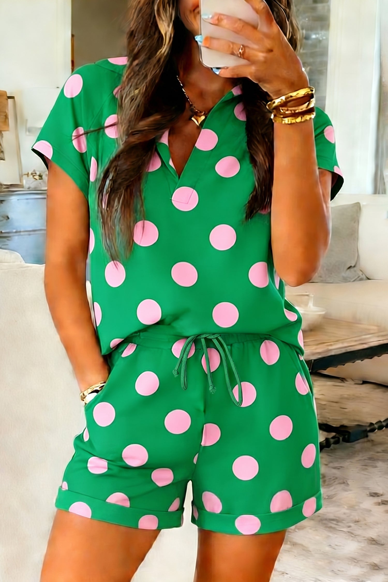 Polka Dot V-Neck Tee & Drawstring Shorts Set