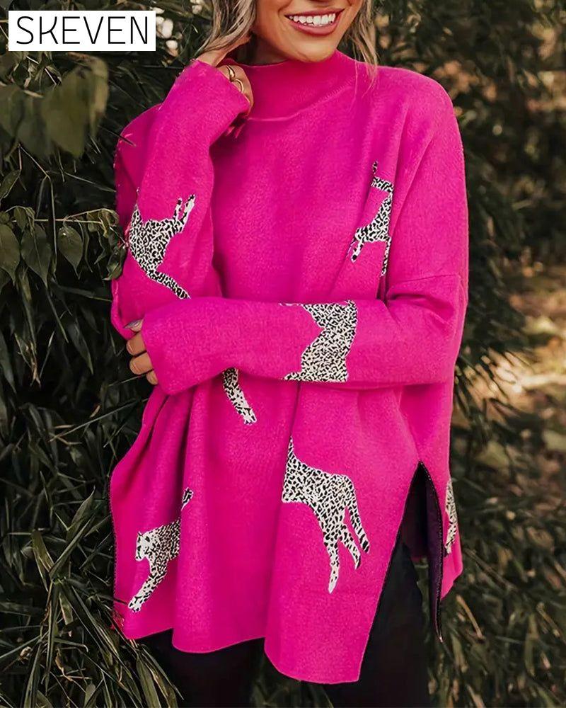 Stylish loose high neck leopard print pullover