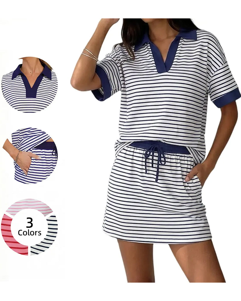 Contrast Stripe Polo Short Sleeve Skirt Set