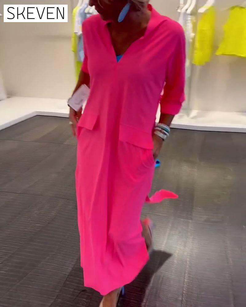 Slit V-neck solid color dress