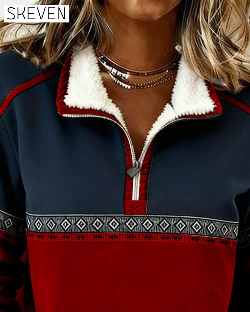 Retro-Sweatshirt mit farblich abgesetztem Pelzkragen