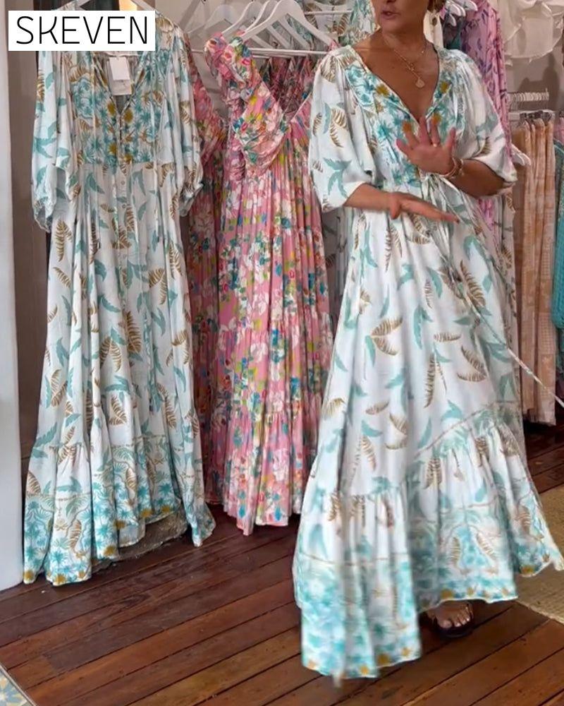 Maxikleid mit V-Ausschnitt und Blätterprint für Damen