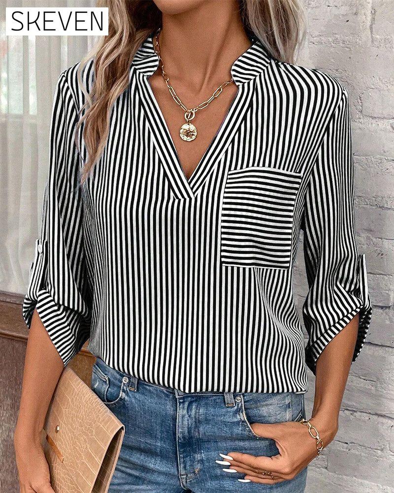 V-neck striped print casual blouse