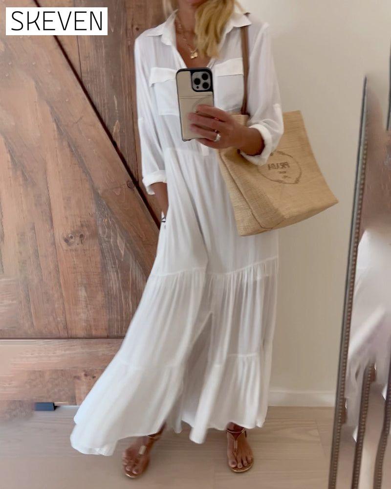 Lapel solid color patchwork casual dress