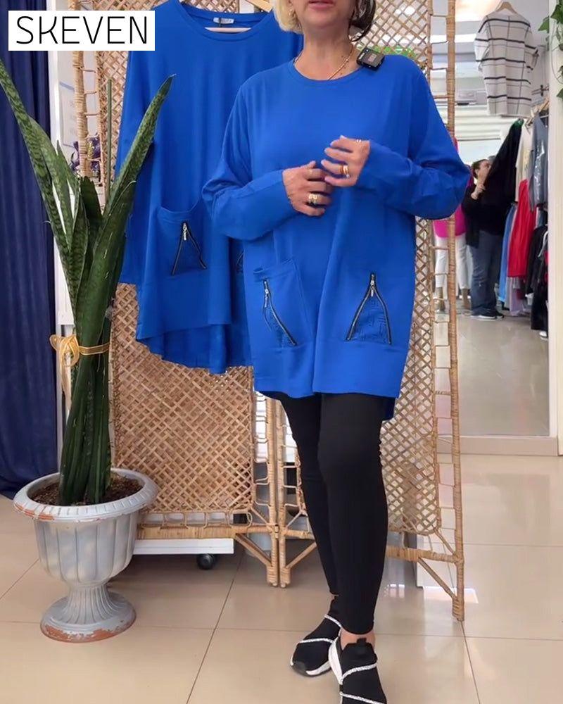 Round Neck Solid Color Zipper Pocket Sweatshirt