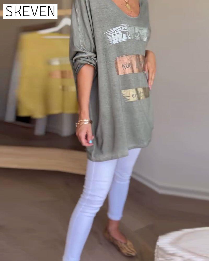 Long sleeve round neck letter print top