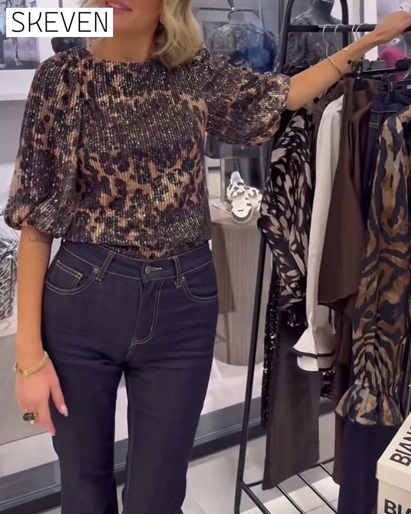 Lantern-Sleeve Sequined Leopard-Print Blouse