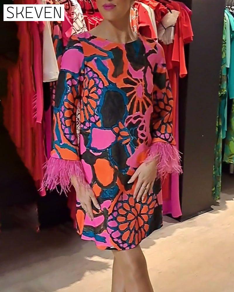 Women's colorful printed fringed dress akupressurmassage casual dresses spring