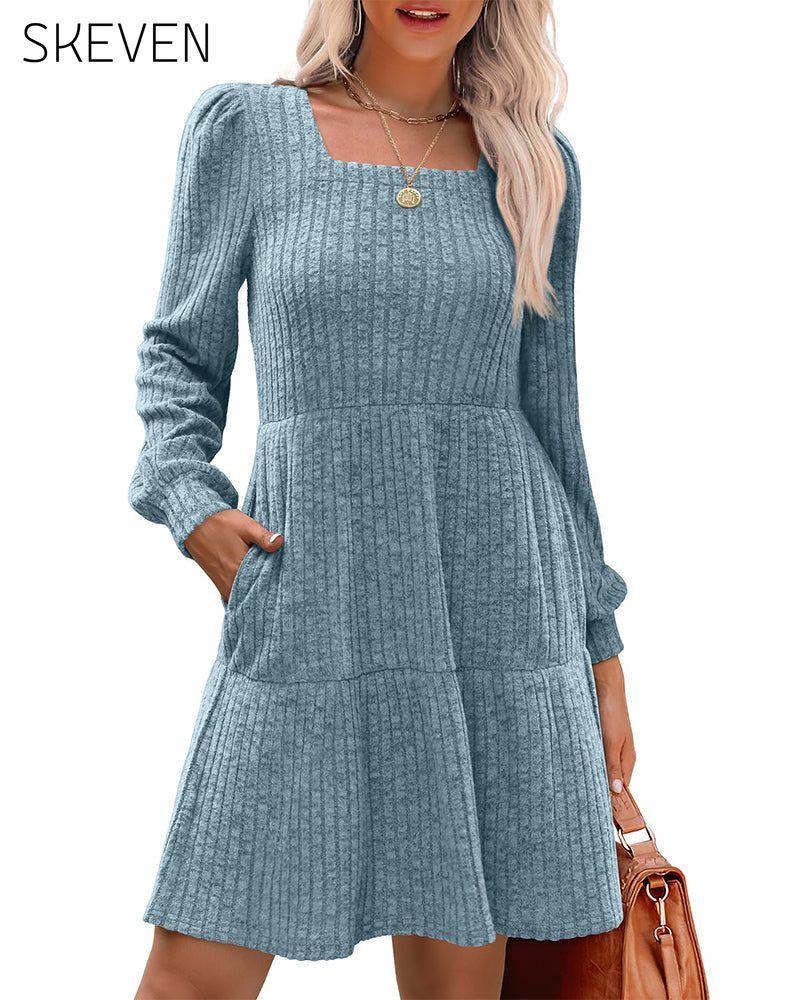 🍂2025 Autumn New Style⏰Women's Square Neck Lantern Sleeve Ribbed Dress