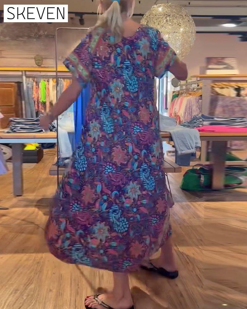 robe longue imprimée à manches courtes et col rond
