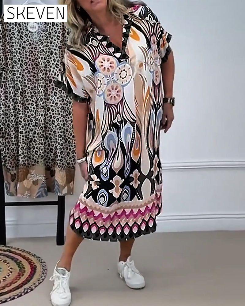 Robe droite imprimée bohème à manches courtes