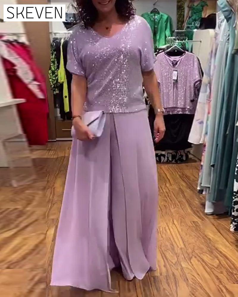 V-neck short-sleeved loose sequined blouse