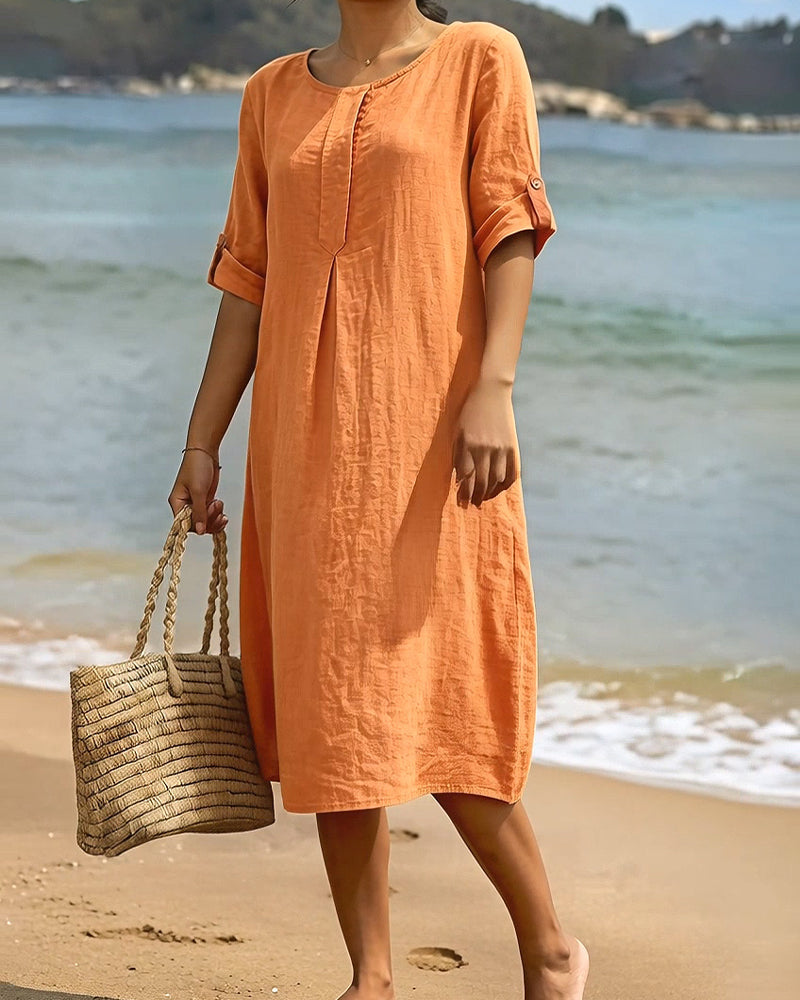 Relaxed Solid Round Neck Mid-Length Dress