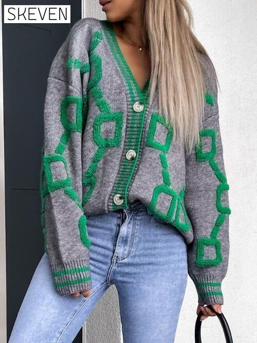 Geometric Dropped Shoulder Button Down Sweater Cardigan cardigan cardigans clothes S.X Ship From Overseas sweater sweaters